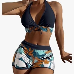 shehen tropical bikini- halter w pads & boy shorts